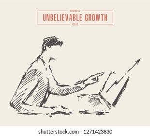Sketch of man sitting in front of a laptop with a growing chart, hand drawn vector illustration