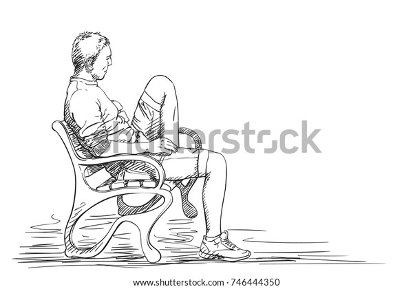 Sketch Man Sitting On Bench One Stock Vector (Royalty Free) 746444350