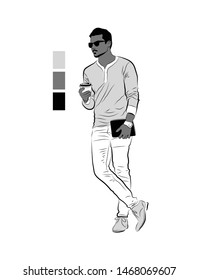 
A sketch of a man standing with coffee and a tablet. Vector image of a man.