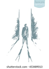 Sketch of a man, standing in front of open door. Concept vector illustration