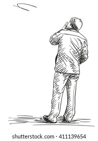 Sketch of man standing and looking up, Isolated back view, Hand drawn illustration