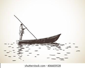 Sketch of man standing on boat rowing, Hand drawn illustration