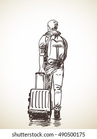 Sketch of man with suitcase, Hand drawn Vector illustration