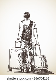 Sketch of man with suitcases, Hand drawn Vector illustration