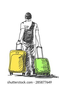 Sketch of man with suitcases, Hand drawn Vector illustration