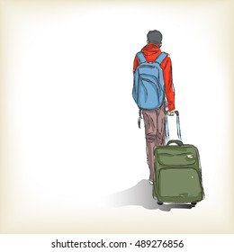 Sketch of man with suitcases, Hand drawn Vector illustration

