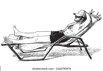 Sketch of man sunbathing on lounger on seashore