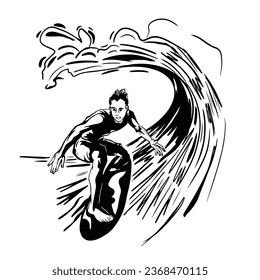 sketch of a man surfing on the waves