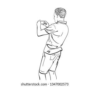 Sketch of man taking photo with smart phone, Back view, Hand drawn linear illustration