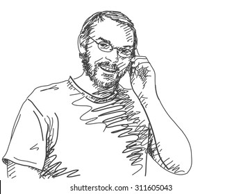 Sketch of man talking mobile phone Hand drawn vector illustration