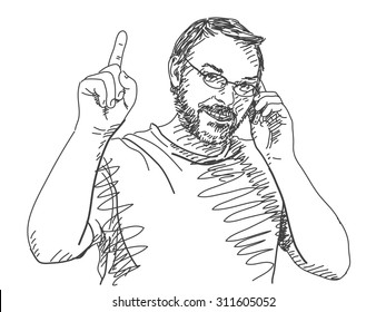 Sketch of man talking mobile phone pointing finger up Hand drawn vector illustration