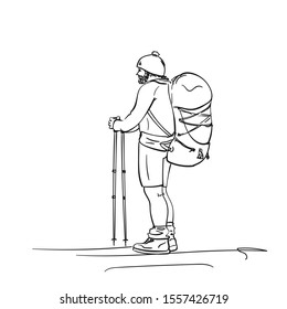 Skizze für Menschen, die mit großem Rucksack wandern, handgezeichnet, Vektorgrafik