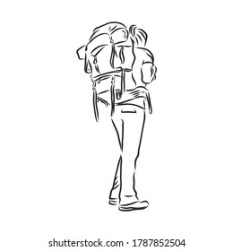 Sketch of man trekking with big backpack Hand drawn vector illustration