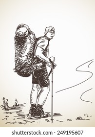 Esbozo de caminatas masculinas con una gran mochila Dibujo vectorial mano
