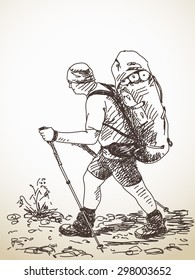 Skizze für Menschen mit großem Rucksack handgezeichnet Vektorgrafik