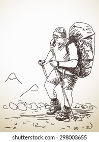 Skizze für Menschen mit großem Rucksack handgezeichnet Vektorgrafik
