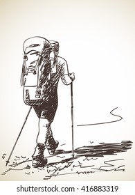 Sketch of man trekking with big backpack Hand drawn vector illustration