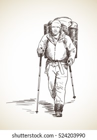 Esbozo de caminatas masculinas con una gran mochila Dibujo vectorial mano