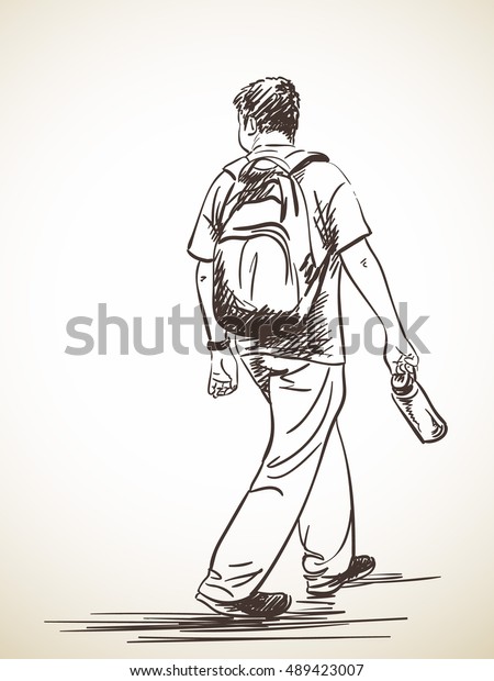 Vector De Stock Libre De Regalias Sobre Sketch Man Walking Bottle Backpack Back489423007