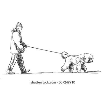 Sketch of man walking a dog on leash Hand drawn vector illustration