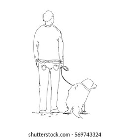 Sketch Of A Man Walking With A Dog On A Leash On A White Background. Vector Illustration Eps 10.