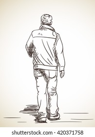 Sketch of man walking, Hand drawn illustration of back view