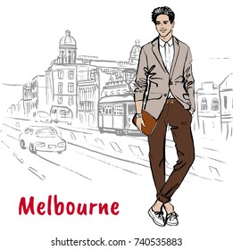 Sketch of man walking on Chapel street in Melbourne, Australia