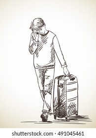 Sketch of man walking with suitcase and talking on mobile phone, Hand drawn Vector illustration