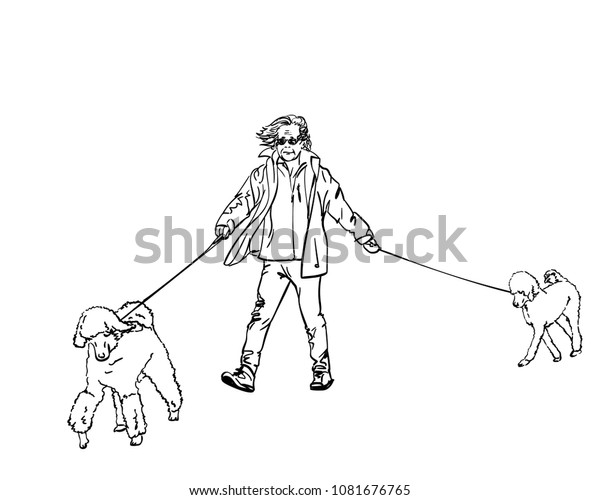 Sketch Man Walking Two Poodle Dogs Stock Vector Royalty