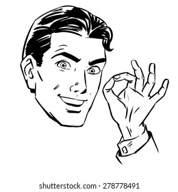 Sketch a man wants a gesture okay. retro style comic book illustration. business theme success