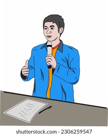 Sketch of a man wearing a blue jacket talking using a mic in front of a table