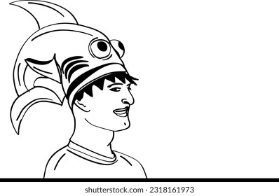 A Sketch of a Man Wearing an Unusual Shark Fish Hat for a Fancy Dress Show, A Comical Sketch of a Man Flaunting an Extraordinary Shark Fish Hat for a Fancy Dress Show