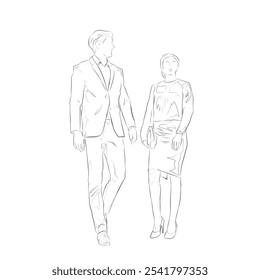 sketch of man and woman in office suit walking together