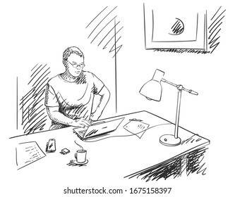 Sketch Of Man Working From Home On Laptop With Table Lamp, Coffee Cup, Smartphone And Papers On His Desk. Hand Drawn Vector Illustration With Hatched Shades