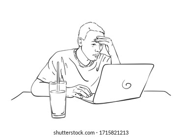 Sketch Of Man Working With Laptop Computer At Desk With Glass Of Juice, Freelancer Or Work From Home, Hand Drawn Vector Line Art Illustration Isolated On White