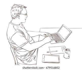 Sketch of man working with laptop computer at work desk, Hand drawn vector line art illustration isolated on white