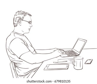 Sketch of man working with laptop computer at office desk with coffee cup, tablet and smartphone, Hand drawn vector line art illustration isolated on white