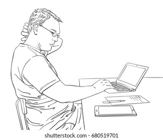 Sketch Of Man Working With Laptop Computer At Office Desk With Tablet And Note Paper, Hand Drawn Vector Line Art Illustration Isolated On White