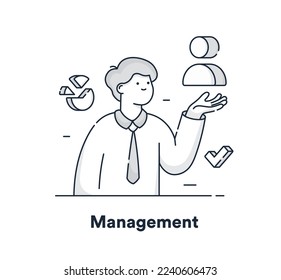 Sketch management concept. Man looks at graphs, diagrams and charts and studies users avatar. Working with statistics and information, infographics. Cartoon flat vector illustration