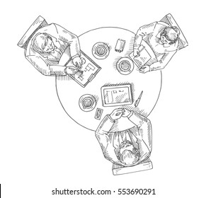 Sketch of managers working on lap top using pen tablet, notebook, pad, scratchpad, tablet, sketchpad, meeting of shareholders, round table, Hand drawn line vector illustration