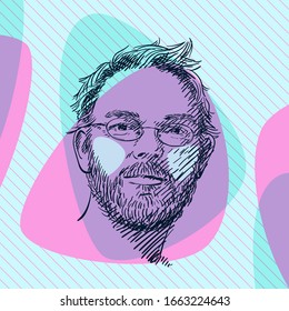 Sketch of man's head with beard and color cheeks on aqua menthe and pink color abstract streamlined shapes on diagonal striped square background, Vector sketch, Hand drawn illustration