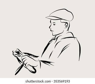 sketch of a man's head wearing a cap and driving  car