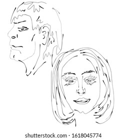 A sketch of a man's head and a woman's head using a black line conveys a sense of disagreement and sadness