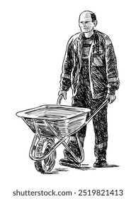 Sketch of manual worker with wheelbarrow walking outdoors alone, realistic hand drawn vector illustration