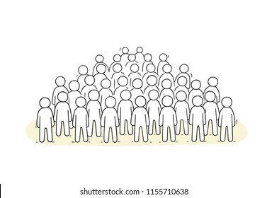 Sketch of many people standing together. Doodle cute miniature scene of big crowd. Hand drawn cartoon vector illustration for business and social design.