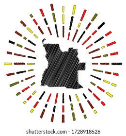 Sketch map of Angola. Sunburst around the country in flag colors. Hand drawn Angola shape with sun rays on white background. Vector illustration.