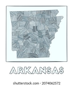 Sketch map of Arkansas. Grayscale hand drawn map of the us state. Filled regions with hachure stripes. Vector illustration.