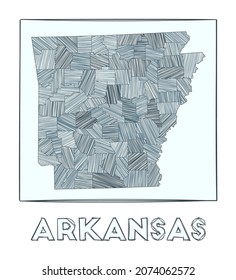 Sketch map of Arkansas. Grayscale hand-drawn map of the US state. Filled regions with hachure stripes. Vector illustration.