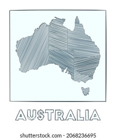Sketch map of Australia. Grayscale hand-drawn map of the country. Filled regions with hachure stripes. Vector illustration.