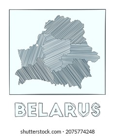 Sketch map of Belarus. Grayscale hand drawn map of the country. Filled regions with hachure stripes. Vector illustration.